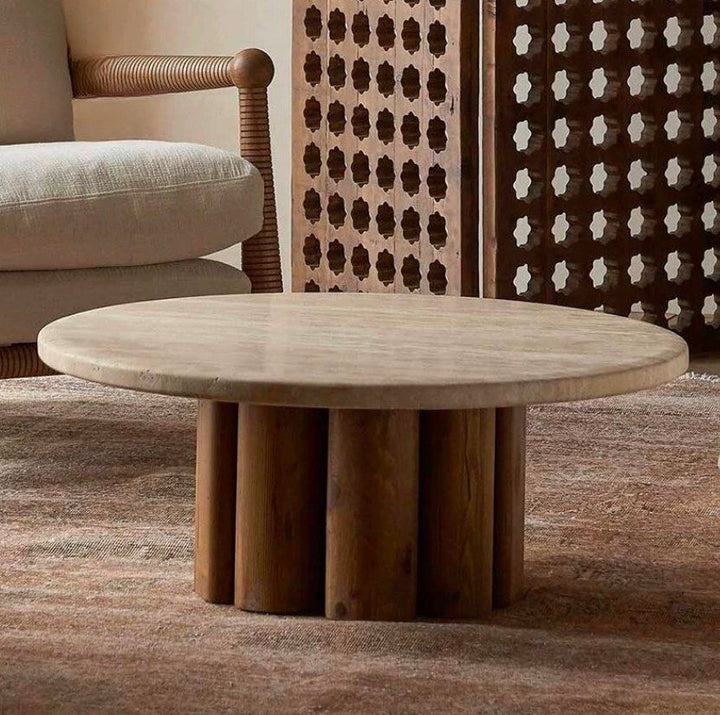 ATRES Modern Travertine Round Coffee Table