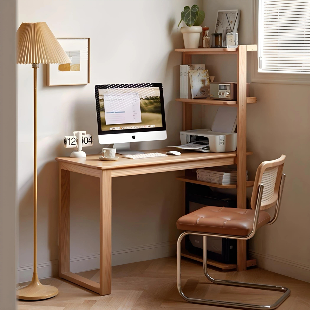 TRISEL Modern Oak Wood Study Table with Shelves