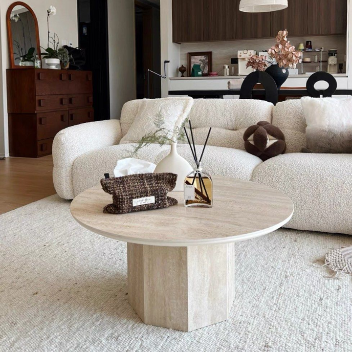 BONNER Modern Round Travertine Coffee Table