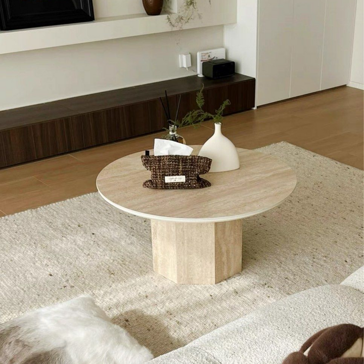 BONNER Modern Round Travertine Coffee Table