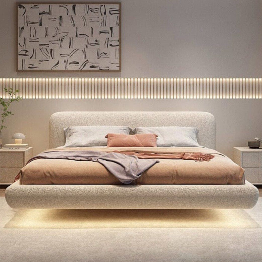 JANIFE Modern Boucle Floating LED Bedframe