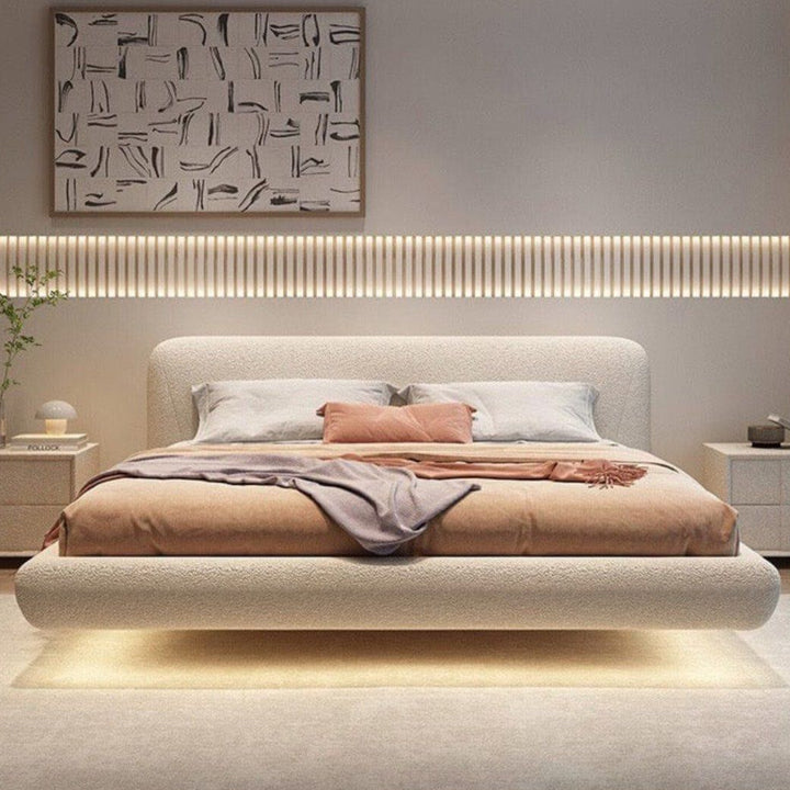 JANIFE Modern Boucle Floating LED Bedframe