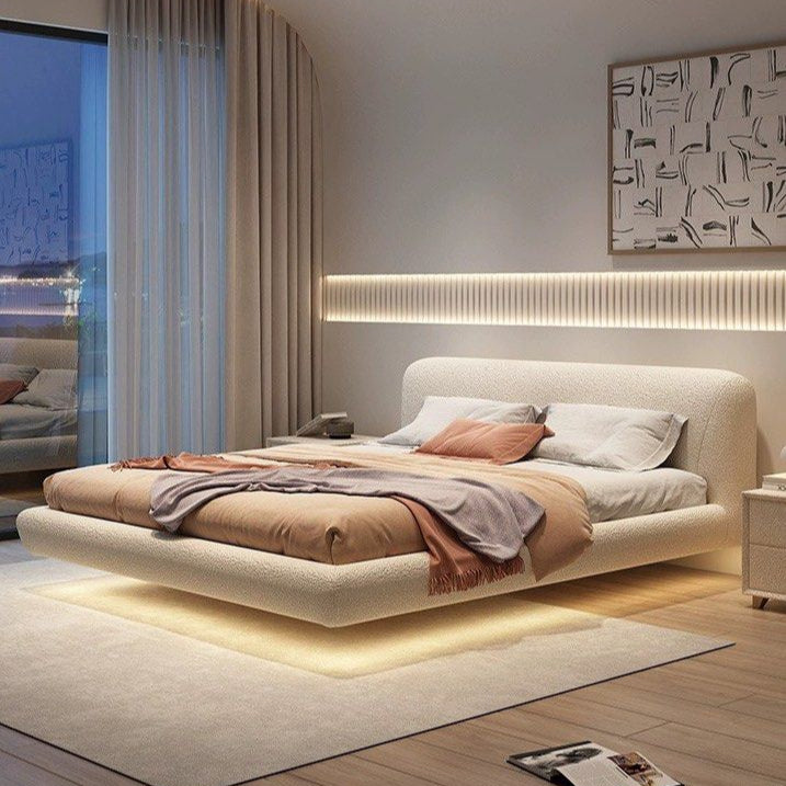 JANIFE Modern Boucle Floating LED Bedframe