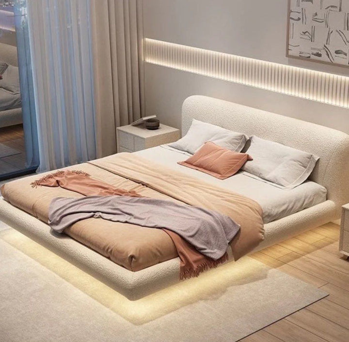 JANIFE Modern Boucle Floating LED Bedframe