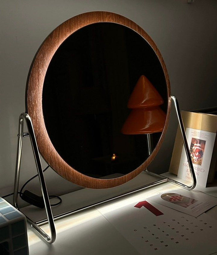 MIWOSKI Vintage Walnut Round Vanity Mirror