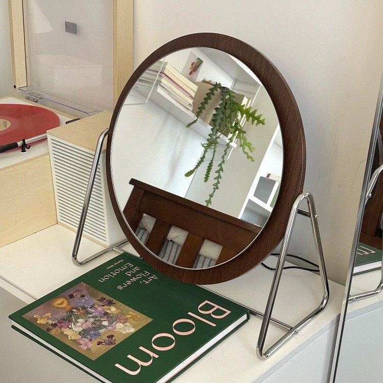 MIWOSKI Vintage Walnut Round Vanity Mirror
