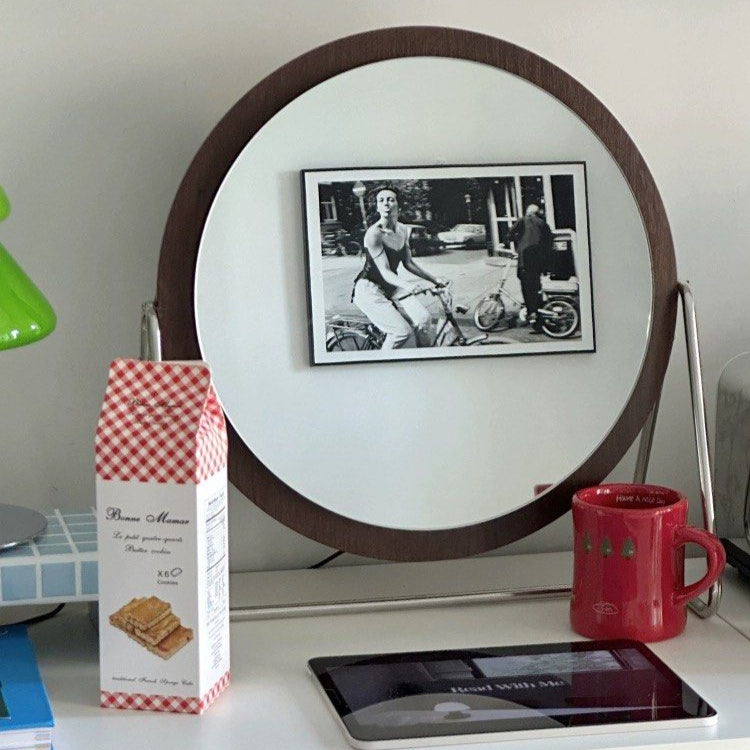 MIWOSKI Vintage Walnut Round Vanity Mirror