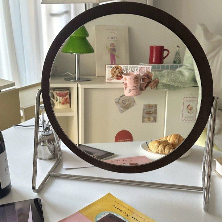 MIWOSKI Vintage Walnut Round Vanity Mirror