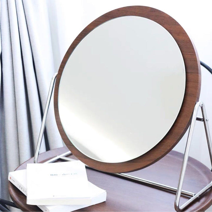 MIWOSKI Vintage Walnut Round Vanity Mirror