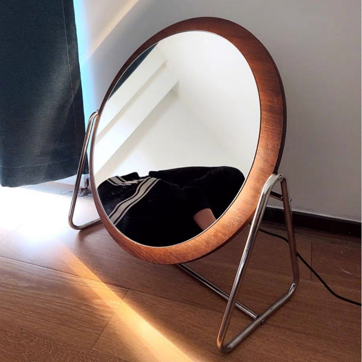MIWOSKI Vintage Walnut Round Vanity Mirror