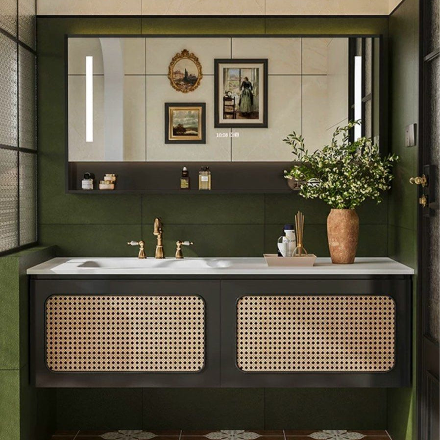 YURMIN Rustic Rattan Bathroom Vanity Mirror & Cabinet