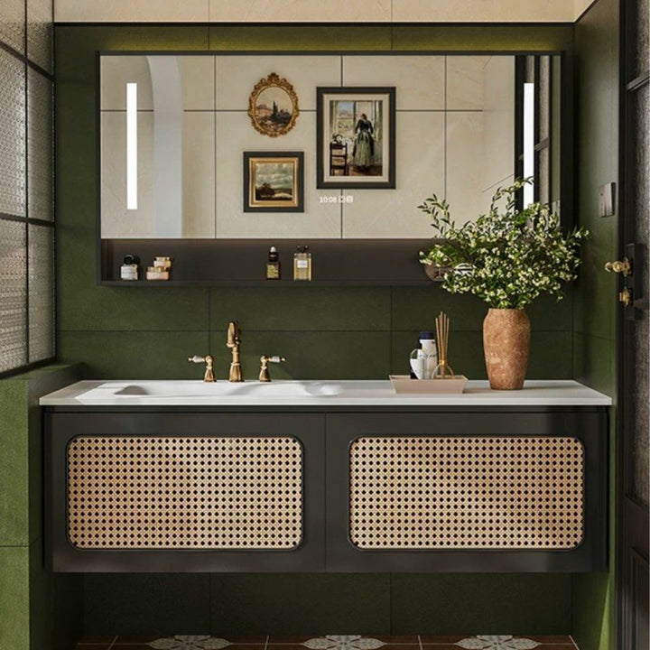 YURMIN Rustic Rattan Bathroom Vanity Mirror & Cabinet