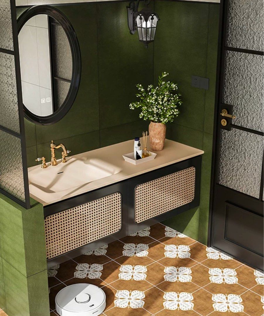 YURMIN Rustic Rattan Bathroom Vanity Mirror & Cabinet