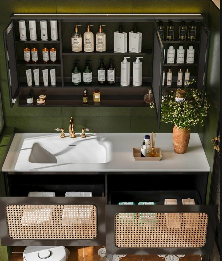 YURMIN Rustic Rattan Bathroom Vanity Mirror & Cabinet