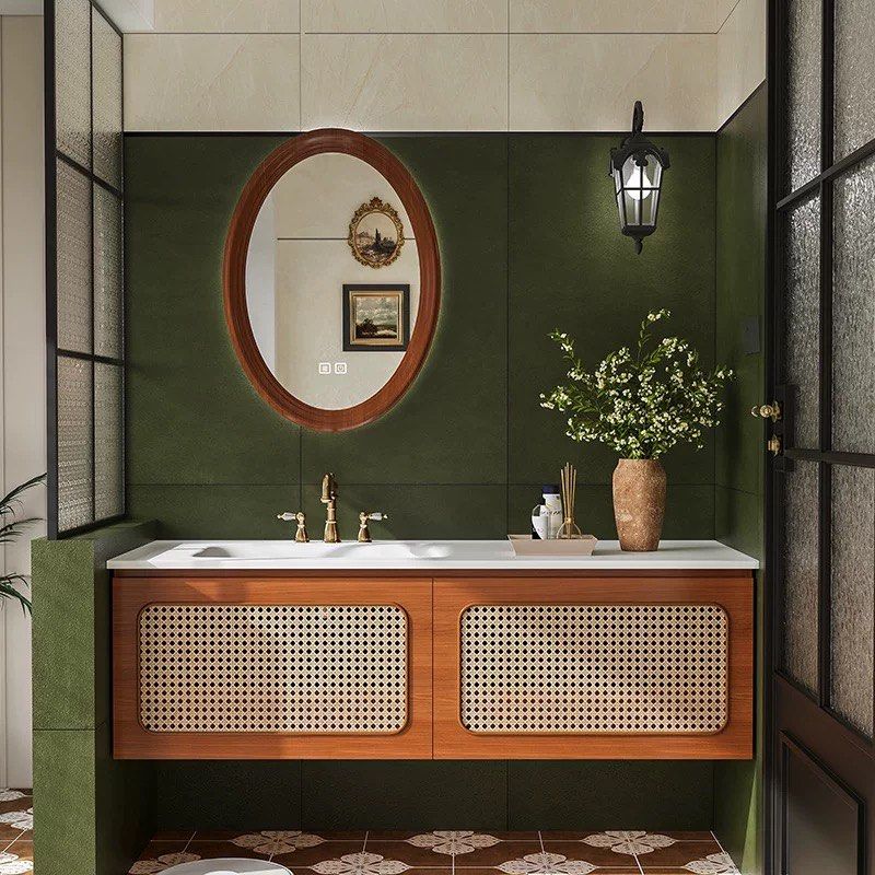 YURMIN Rustic Rattan Bathroom Vanity Mirror & Cabinet