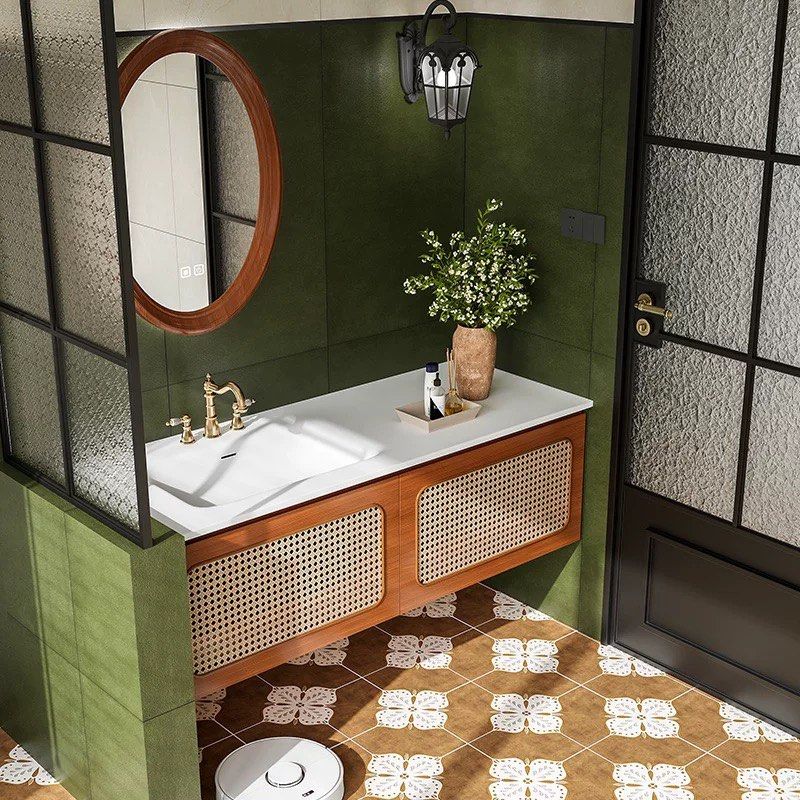 YURMIN Rustic Rattan Bathroom Vanity Mirror & Cabinet