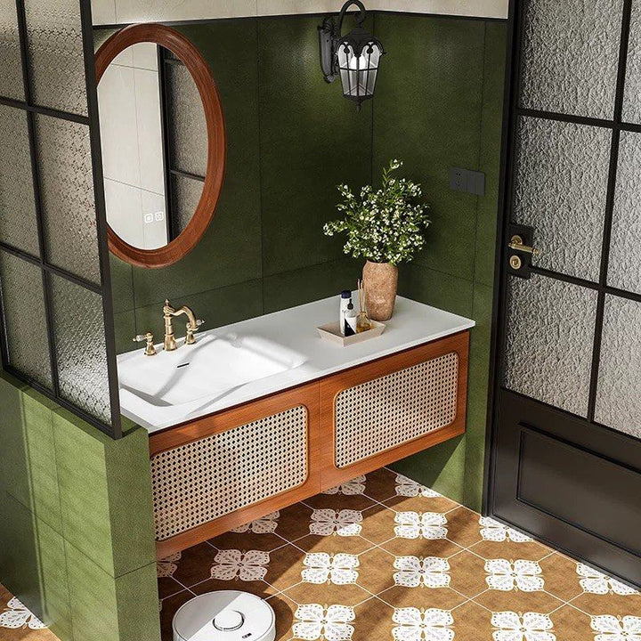 YURMIN Rustic Rattan Bathroom Vanity Mirror & Cabinet