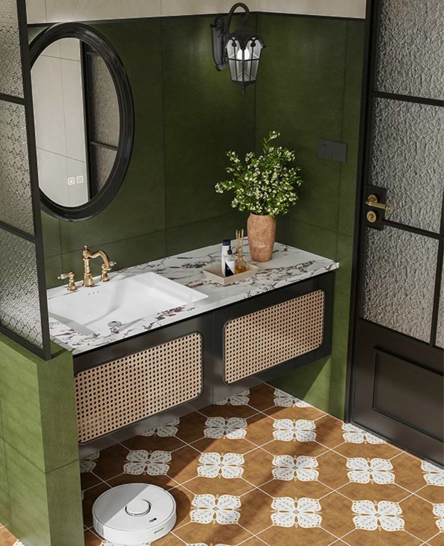 YURMIN Rustic Rattan Bathroom Vanity Mirror & Cabinet