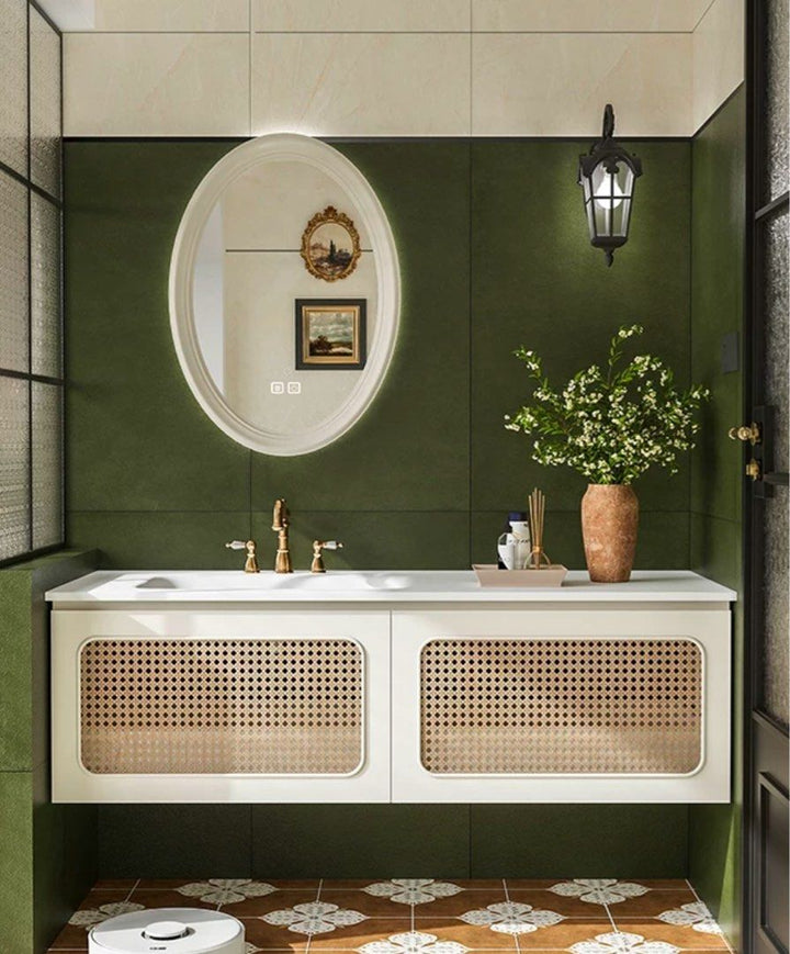 YURMIN Rustic Rattan Bathroom Vanity Mirror & Cabinet
